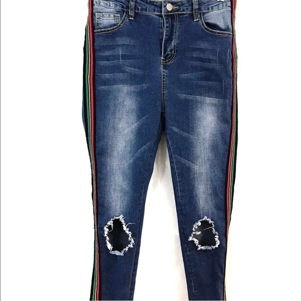 Hot & Delicious Jeans Rasta Tuxedo Stripe Frayed Hem Distressed Destroyed